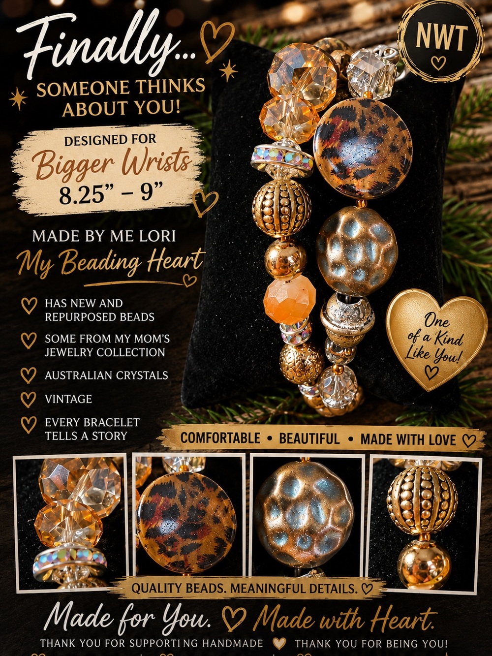 Elegant Bracelet Gold and Brown Animal 🦒 Print for Bigger Wrist 81/4” -9 “ 💋